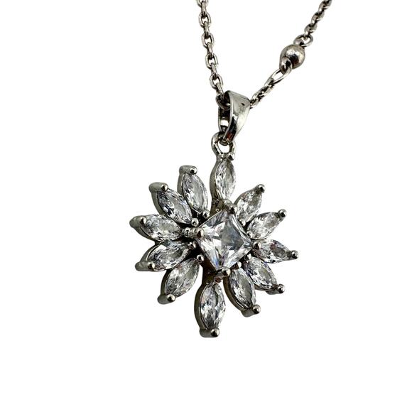 Cubic Zirconia Princess Marquise Flower Prong Set Silver Tone 18" Necklace - Picture 2 of 8